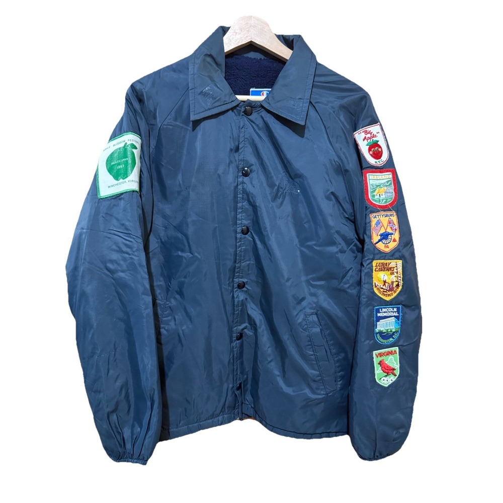 Champion Jacket Mens Blue Lined Bishop Kearney w Travel Patches Vintage Medium